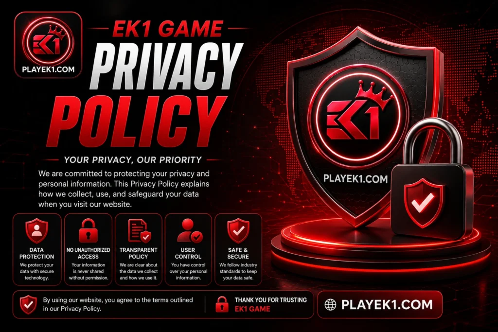 EK1 Game App Privacy Policy showing data protection, user privacy, cookies, and online security